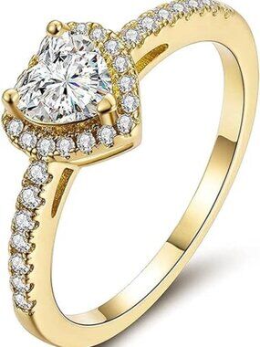 18K Yellow Gold and White Diamond Cubic Zirconia Halo Heart Engagement Ring
